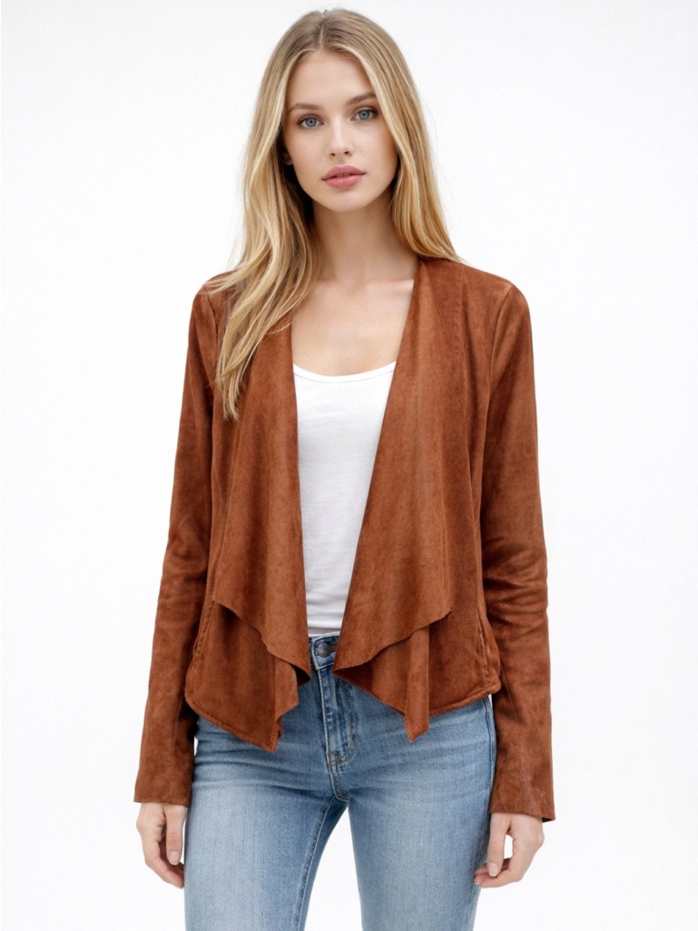 Anthropologie Hutch Faux Suede Jacket Open Front Waterfall Brown Women's Size XS